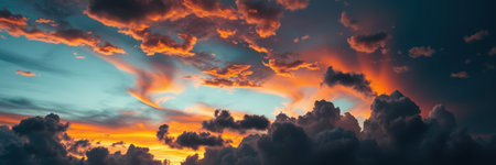 Dark and dramatic clouds fill the majority of the frame, but a stunning sunset breaks throughの素材