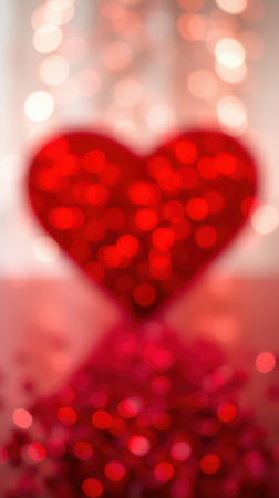 Glimmering red heart shape with shimmering bokeh lights creates a romantic atmosphere for celebrations or eventsの素材