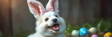 Happy puppy with bunny ears surrounded by colorful Easter eggs in a garden setting during springtimeの素材