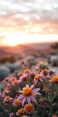 Vibrant wildflowers bloom during sunset in a serene landscape showcasing natures beauty in the evening lightの素材