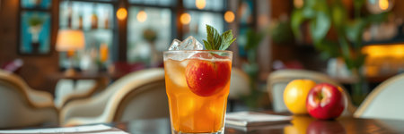Refreshing cocktail with apple garnish served in a cozy restaurant setting during early eveningの素材