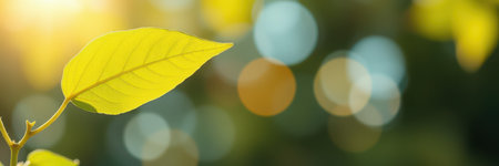 Bright yellow leaf catching sunlight with blurred bokeh background in a serene outdoor setting during early morning hoursの素材