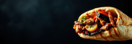 Delicious wrapped pita filled with grilled chicken and fresh vegetables showcased against a dark backgroundの素材