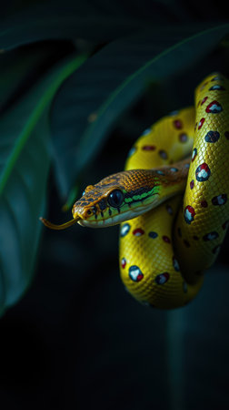 Colorful snake resting on a leaf amidst lush greenery in a serene indoor settingの素材