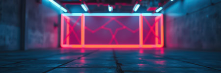 Colorful neon lights illuminate a modern underground space with a minimalistic design and an industrial vibeの素材