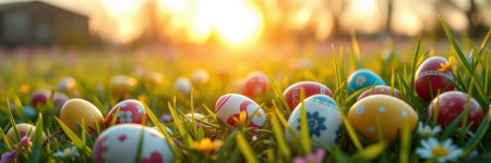 Colorful decorated eggs scattered on grass under sunset during Easter celebrationの素材