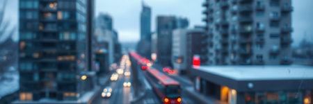 Cityscape featuring busy streets with blurred traffic and buildings during twilight hoursの素材