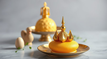 Elaborate golden dessert displayed on an elegant plate with ornate decorations and background objects during a festive celebrationの素材