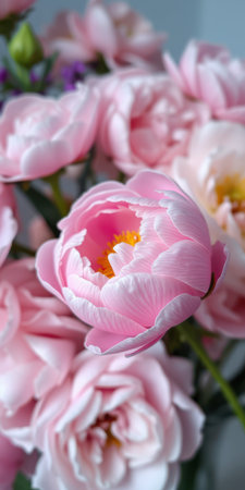 Pink peonies with delicate petals create a vibrant floral arrangement in a bright settingの素材