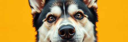 A black and white husky dog stares directly at the cameraの素材