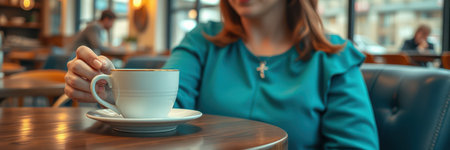 Woman enjoying coffee in a cozy cafe while sitting at a wooden table in the afternoonの素材