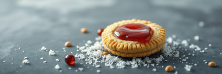 Delicious jam-filled pastry showcasing a buttery crust with a sweet glossy topping on a textured surfaceの素材