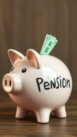 Ceramic piggy bank labeled pension with cash emerging for future savings in a cozy settingの素材