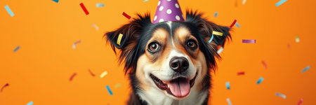 Happy dog celebrating with confetti and a party hat during a cheerful birthday partyの素材
