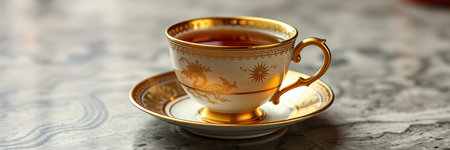 Elegant tea cup with gold accents displayed on a marble surface in a cozy setting during afternoon teaの素材