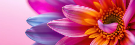 Colorful close-up of a flower showcasing vibrant petals with shades of pink, purple, and orange under soft lighting at sunsetの素材