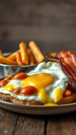Delicious breakfast plate featuring fried eggs, bacon, cherry tomatoes, and crispy fries on a rustic wooden tableの素材