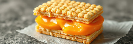 Delicious layered dessert with crunchy wafers and creamy mango filling enjoyed in a cozy kitchen settingの素材