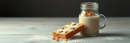 Delicious treat featuring a baked sweet with chocolate pieces alongside a creamy beverage in a cozy settingの素材