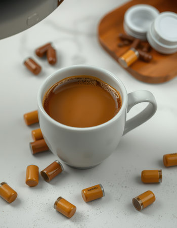 Rich coffee in a white mug surrounded by brown capsules on a marble countertop during morning lightの素材