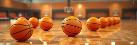 Basketballs arranged on a polished court during a practice session at a sports facilityの素材
