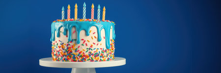 Celebration cake with colorful icing and candles on a stand against a blue backgroundの素材