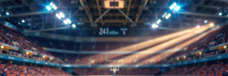 Bright arena filled with seats during a basketball game showing intense spotlight and excitementの素材