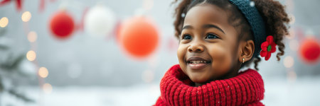 Smiling child with curly hair in festive red sweater enjoying winter holiday decorations outdoorsの素材