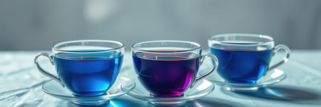 Three colorful cups of beverage arranged on a table with soft lighting in a cozy indoor settingの素材