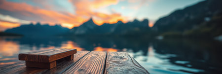 Peaceful sunset by the lake with mountains in the background showcasing beautiful natural colorsの素材
