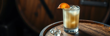 Classic cocktail served on a wooden barrel with ice and an orange slice during an evening gatheringの素材