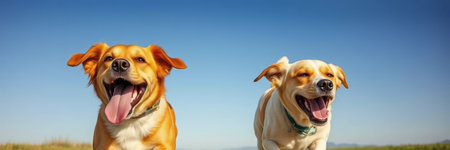 Two dogs, a golden and a white and tan, run enthusiastically toward the viewer on a bright, sunny dayの素材
