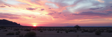 The setting sun casts a warm glow across a flat desert landscapeの素材
