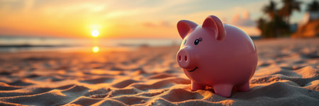 Sunset on the beach with a pink piggy bank in the sand, symbolizing saving and financial planningの素材