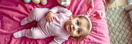 Baby with bunny ears lies on pink blanket surrounded by colorful eggs in a cheerful setting during springtimeの素材