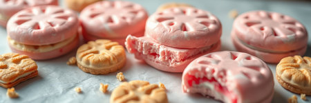 Delightful pink macarons and butter cookies arranged on a table with a few cookies bitten into showcasing their creamy fillingの素材