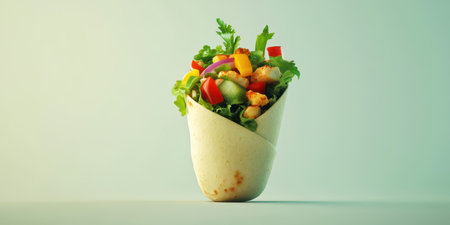 Colorful vegetable wrap filled with fresh ingredients displayed on a solid backgroundの素材