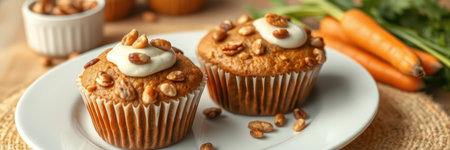 Delicious carrot muffins topped with cream and nuts on a rustic table settingの素材