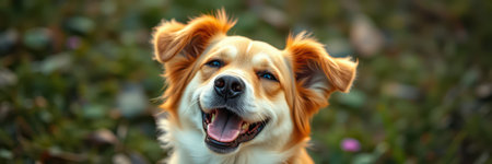 A cheerful, light-brown and white dog with floppy ears stands in a natural outdoor settingの素材