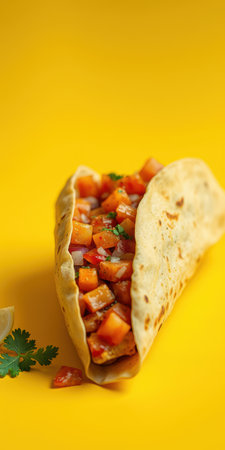 Freshly made tortilla filled with diced tomatoes and cilantro on a vibrant yellow backdropの素材