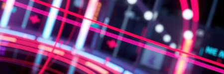 Colorful neon lights illuminate a modern digital interface showcasing vibrant patterns and designsの素材