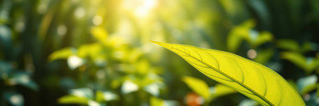 Sunlight filtering through green leaves in a serene outdoor environment during a peaceful morningの素材