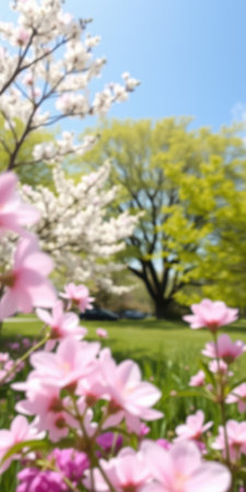 Blossoming flowers in springtime park under a clear blue sky with lush green trees in the backgroundの素材