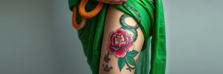 Colorful tattoo of a rose and snake on a persons thigh, wearing green fabric, showcasing body art and designの素材