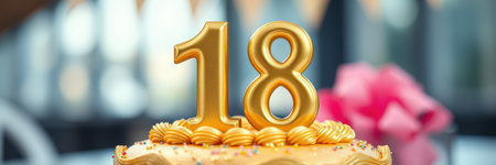 Celebrating an 18th birthday with a gold-themed cake and festive decorationsの素材