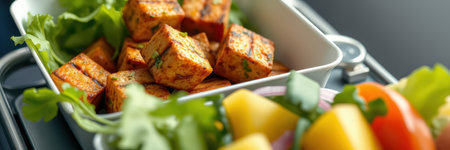 Delicious grilled tofu garnished with fresh herbs served alongside a colorful salad at lunchtimeの素材