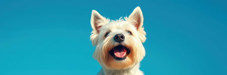 A West Highland White Terrier, its fur fluffy and white, gazes upward against a vibrant blue skyの素材