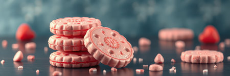 Colorful pink cookies stacked on a dark surface with scattered candy pieces and strawberry accentsの素材