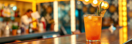 Colorful cocktail garnished with fruit on a bar counter with a bartender in the background at a vibrant locationの素材
