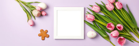 Spring celebration with blank frame, pink tulips, Easter eggs, and gingerbread on soft purple backgroundの素材